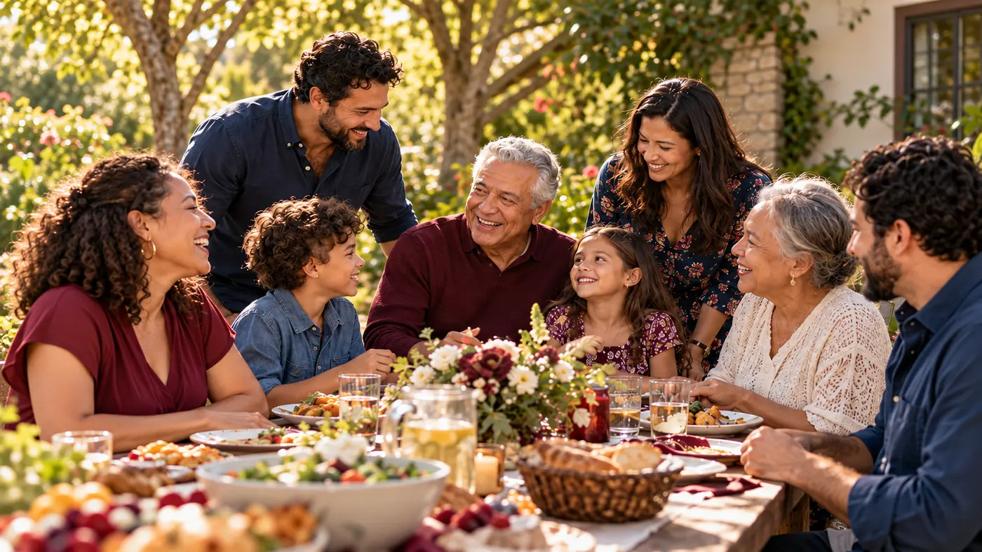 Family gathered around a table sharing memories