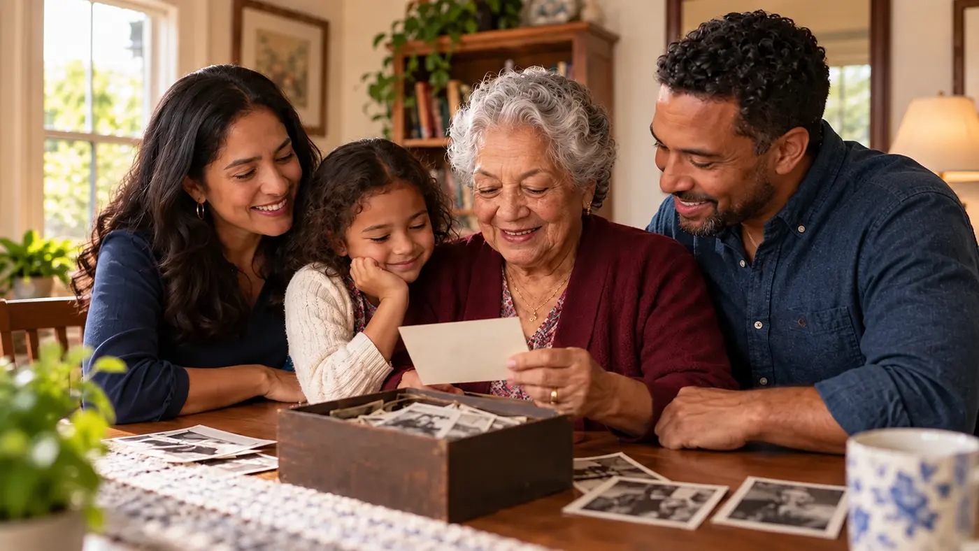 A family looking together at photos and memories